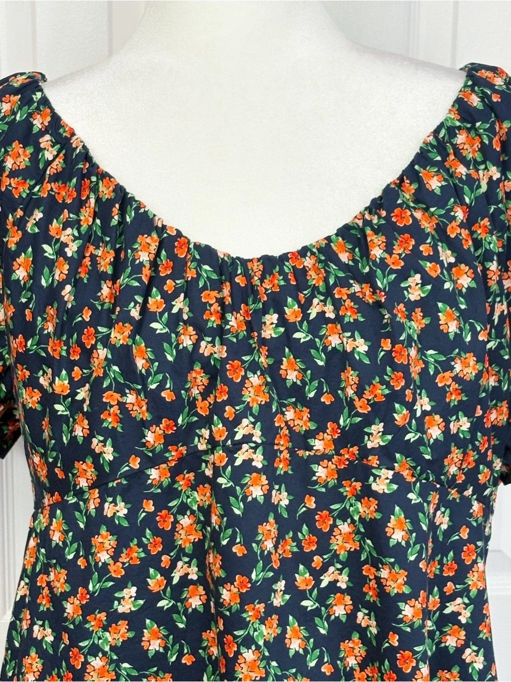 Old Navy Navy Blue & Orange Floral Print Puff Sleeve Smocked Trapeze Top XL